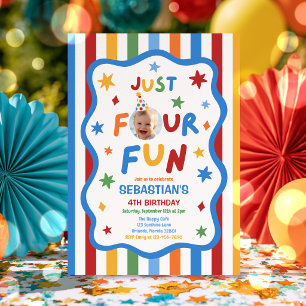 Just Four Fun Colourful Boy 4th Birthday Party  Invitation