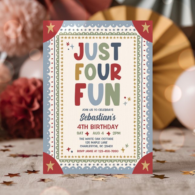 Just Four Fun Whimsical Boy 4th Birthday Party Invitation (Creator Uploaded)