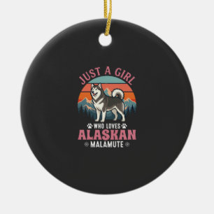 Just Girl Alaskan Malamute Dog Retro Sunset Mounta Ceramic Ornament