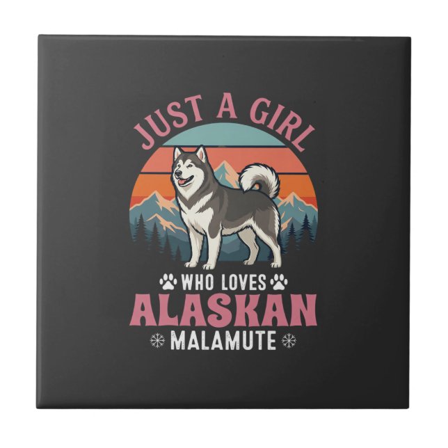 Just Girl Alaskan Malamute Dog Retro Sunset Mounta Tile (Front)