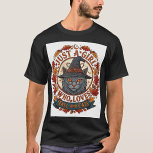 Just Girl Who Loves Cats Halloween Witch Fall Leav T-Shirt