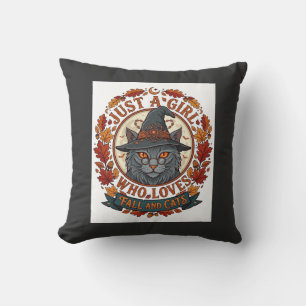 Just Girl Who Loves Cats Halloween Witch Fall Leav Throw Pillow
