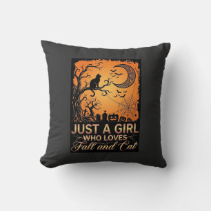 Just Girl Who Loves Fall Cat Halloween Moon_1 Throw Pillow