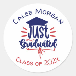 Just Graduated Red & Blue Personalized Classic Round Sticker