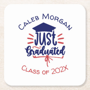 Just Graduated Red & Blue Personalized Square Paper Coaster