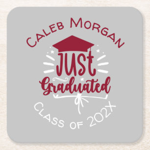 Just Graduated Red & White Personalized  Square Paper Coaster