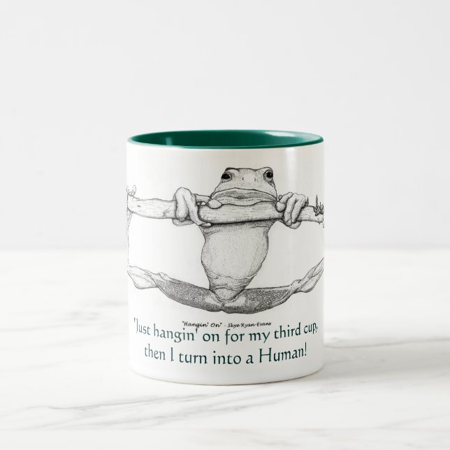 "JUST HANGIN' ON" GREEN FROG Large & small Mugs (Center)