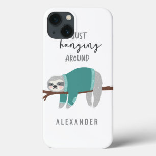Just hanging around fun bright cartoon sloth iPhone 13 case