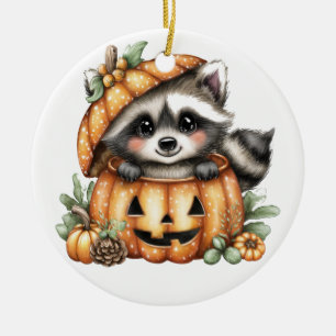 Just hanging around, Playful Raccoon In Pumpkin Ceramic Ornament