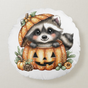 Just hanging around, Playful Raccoon In Pumpkin Round Pillow