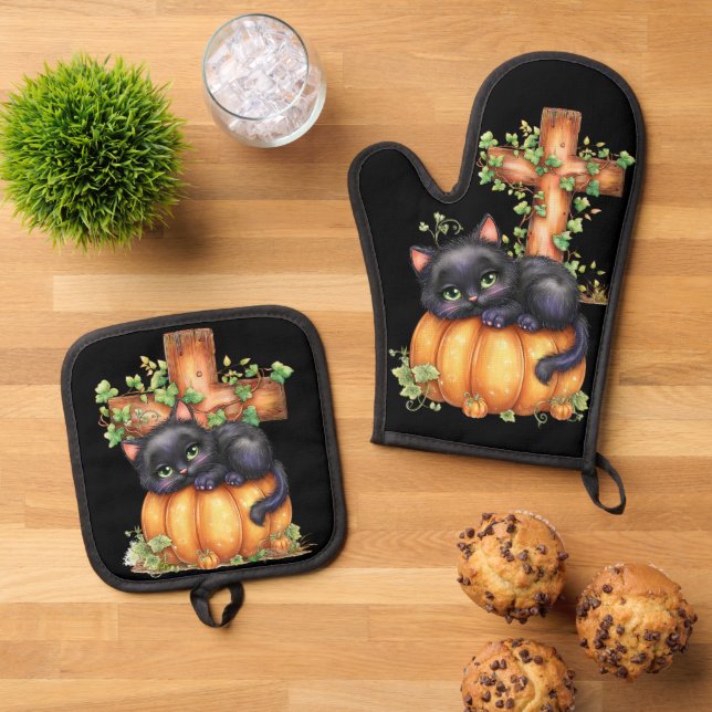 Just hanging around, Resting Kitten In Pumpkin Oven Mitt & Pot Holder Set (Top Down)