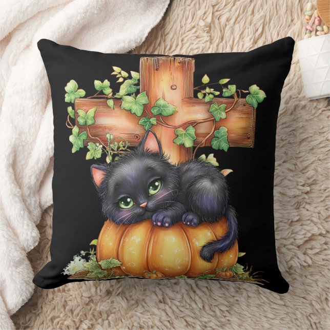 Just hanging around, Resting Kitten In Pumpkin Throw Pillow (Blanket)