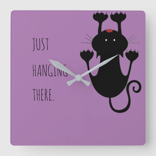 Just hanging there black cat cartoon funny text square wall clock (Front)