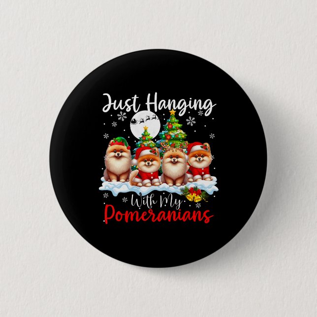 Just Hanging With My Pomeranians Xmas Three Santa  2 Inch Round Button (Front)
