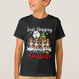 Just Hanging With My Shelties Xmas Three Santa Dog T-Shirt