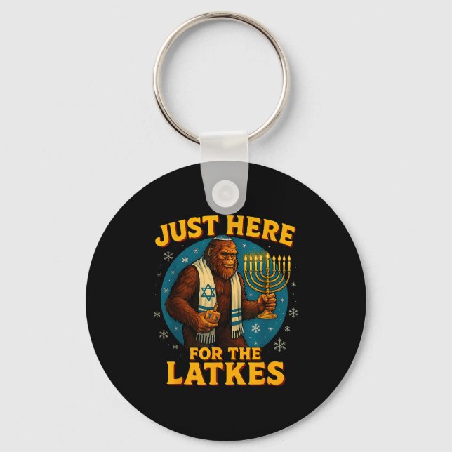 Just Here For The Latkes Funny Hanukkah Bigfoot  Keychain (Front)