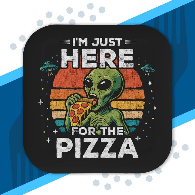 Just Here for the Pizza Retro Space Funny Alien Paper Plate (Creator Uploaded)