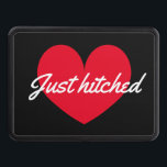 Just hitched funny newly weds car hitch cover<br><div class="desc">Just hitched funny newly weds car trailer hitch cover. Fun wedding gift idea for just married couple,  bride and groom,  newlyweds and honeymooners. Romantic heart design with script typography. Add your own name and date optionally. Available in 2 sizes.</div>