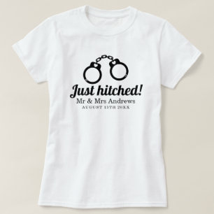 Just hitched Mr and Mrs funny handcuffs newly weds T-Shirt