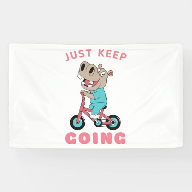 Just Keep Going Cute Hippo Riding Bicycle Banner (Horizontal)