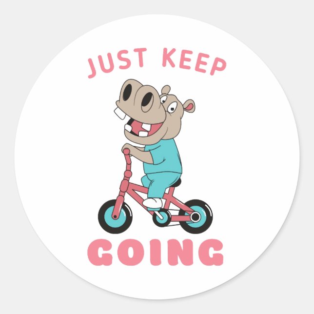 Just Keep Going Cute Hippo Riding Bicycle Classic Round Sticker (Front)