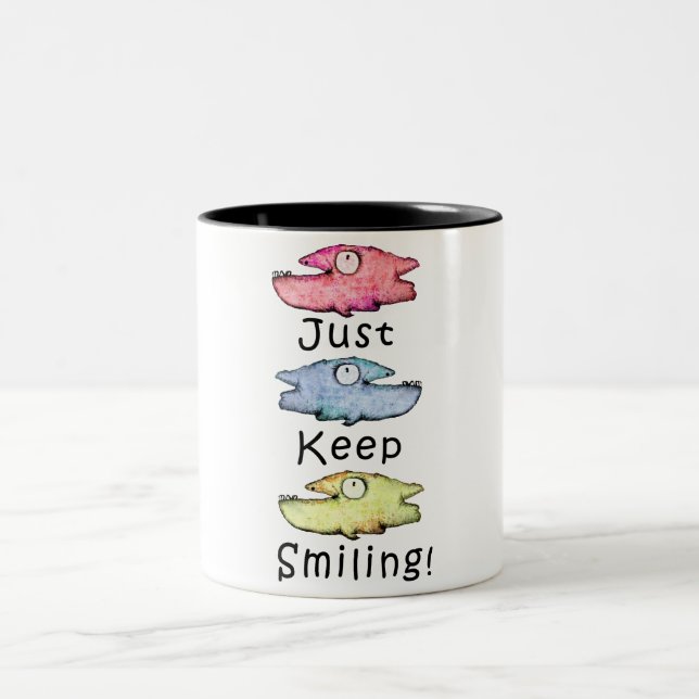 Just Keep Smiling! Colourful toothy fish Two-Tone Coffee Mug (Center)