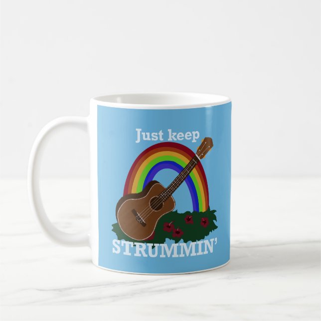 Just Keep Strummin’ Ukulele Rainbow Hawaiian Coffee Mug (Left)