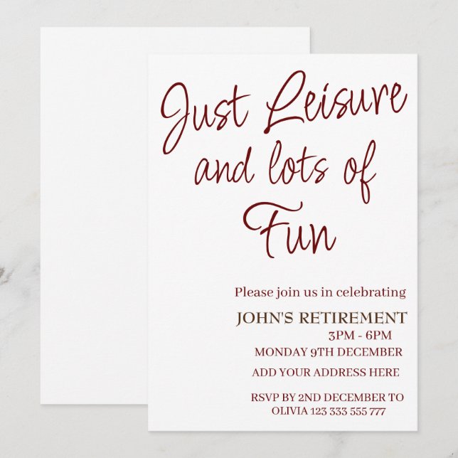 Just Leisure and lots of fun Funny Retirement  Invitation (Front/Back)