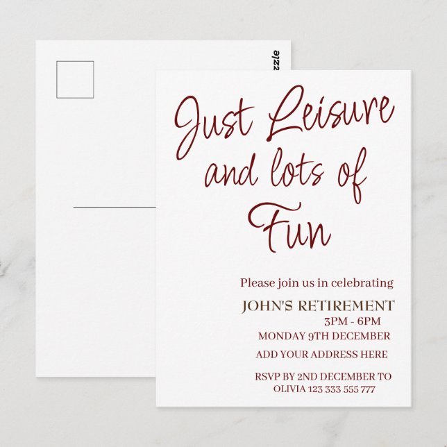 Just Leisure and lots of fun Funny Retirement  Postcard (Front/Back)