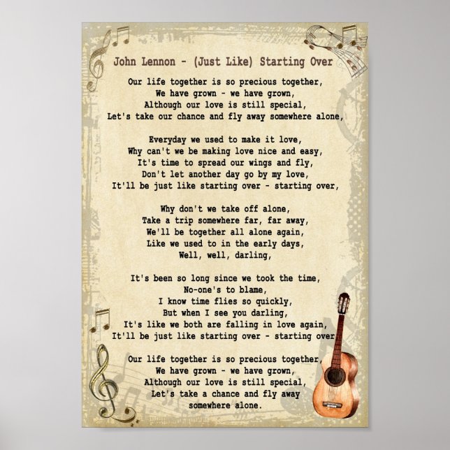 Just Like Starting Over Song Lyric Vintage Print (Front)
