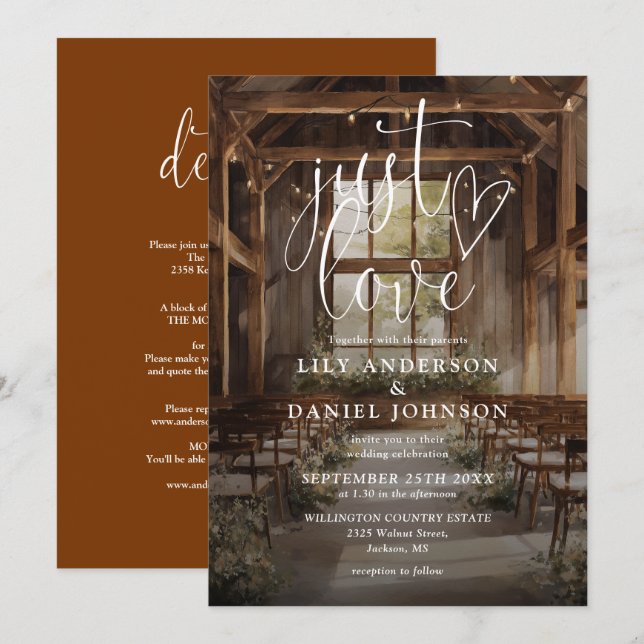 Just Love Barn String Lights All In One Wedding Invitation (Front/Back)