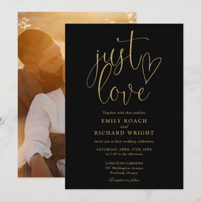 Just Love Black And Gold Script Photo Wedding Invitation (Front/Back)