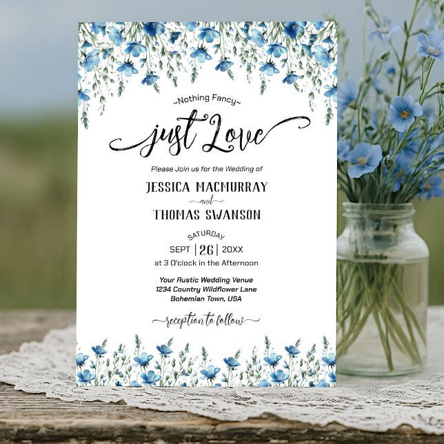 Just Love! Blue Boho Chic Wildflowers Wedding Invitation (Creator Uploaded)