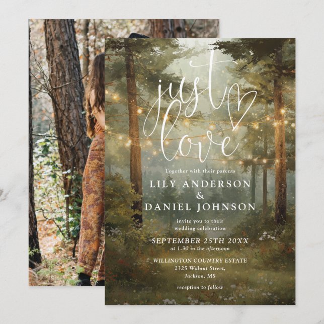 Just Love Boho Forest String Lights Wedding Photo Invitation (Front/Back)