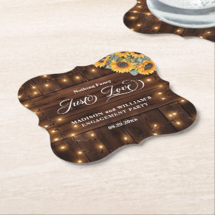 Just Love Brown Wood String Light Engagement Party Paper Coaster