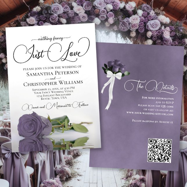 Just Love Chic Dusty Purple Rose QR Code Wedding Invitation (Front/Back)