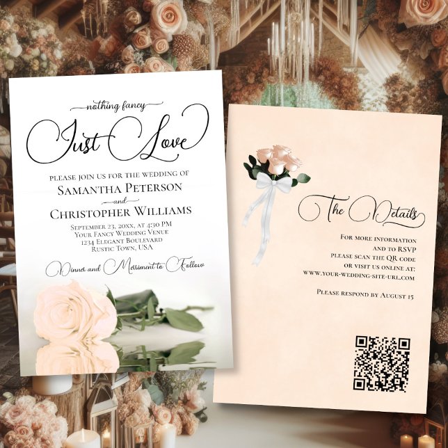 Just Love Elegant Pale Peach Rose QR Code Wedding Invitation (Front/Back)