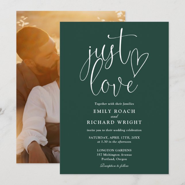 Just Love Elegant Photo Emerald Green Wedding Invitation (Front/Back)