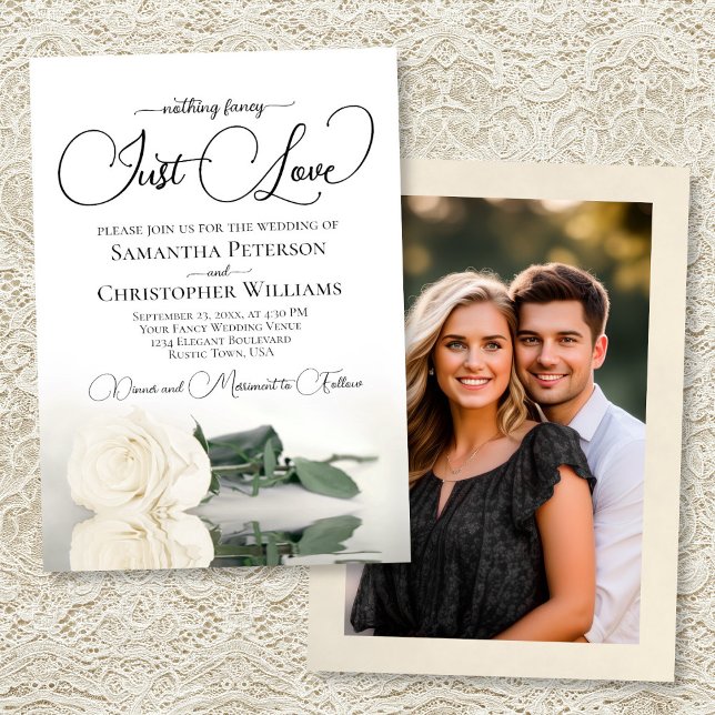 Just Love Elegant White Rose Photo Back Wedding Invitation (Front/Back)