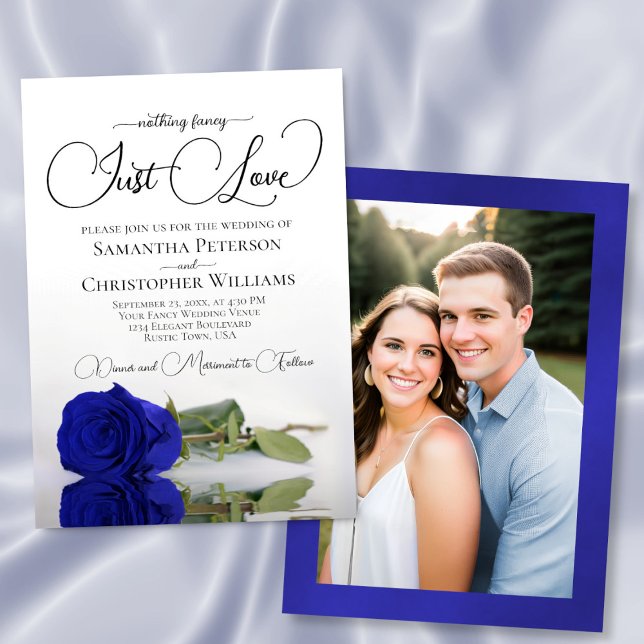 Just Love Royal Blue Rose Wedding Photo Back Invitation (Creator Uploaded)