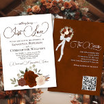 Just Love Rust Orange Boho Floral QR Code Wedding Invitation<br><div class="desc">This beautiful boho chic wedding invitation features a cluster of hand painted watercolor roses in shades of rust orange, peach, and burnt umber, along with eucalyptus leaves and fall or autumn garden foliage. The heading is written in fancy script lettering and reads: Nothing Fancy, Just Love! The back has a...</div>