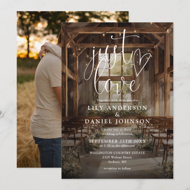 Just Love Rustic Barn String Lights Photo Wedding Invitation (Front/Back)