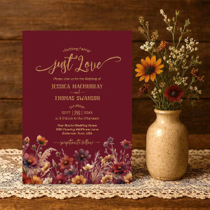 Just Love Rustic Burgundy Boho Wildflowers Wedding Invitation