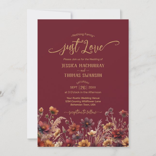 Just Love Rustic Burgundy Boho Wildflowers Wedding Invitation (Front)