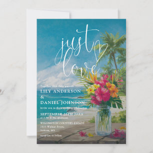 Just Love Tropical Beach Floral Mason Jar Wedding Invitation