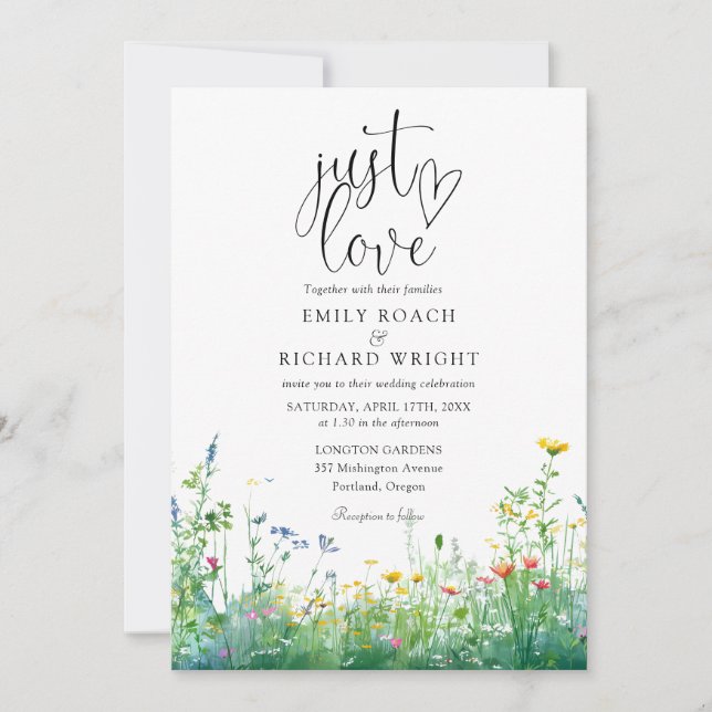 Just Love Watercolor Wildflowers QR Code Wedding Invitation (Front)