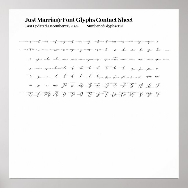 Just Marriage Font Glyphs Contact Sheet Poster (Front)