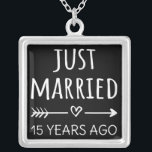 Just Married 15 Years Ago I Silver Plated Necklace<br><div class="desc">Cute design, perfect for anyone who's been married for 15 years and to a wedding vow renewal ceremony. It makes a great matching outfit for couples! 'Just Married 15 Years Ago' quote for a couple who got married 15 years ago or a couple renewing wedding vows on their wedding anniversary....</div>