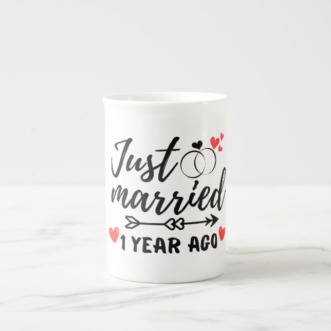 Just Married 1 Year Ago, 1st Wedding Anniversary Bone China Mug (Front)
