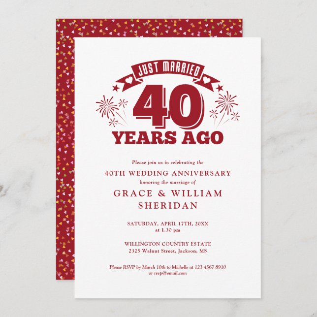 Just Married 40th Wedding Anniversary Invitation (Front/Back)